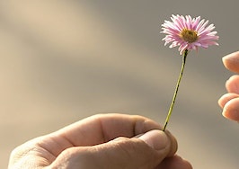 One hand holding out a flower