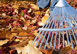 A man raking leaves in the fall