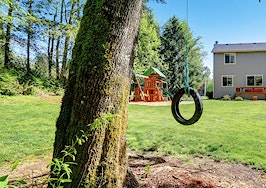 A tire swing and playground behind a home